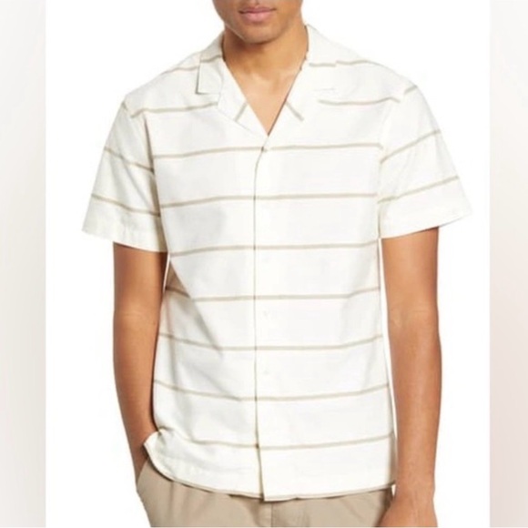 Wings + Horns Deck Stripe Short Sleeve Button-Up Camp Shirt in Moss Stripe - Picture 2 of 7